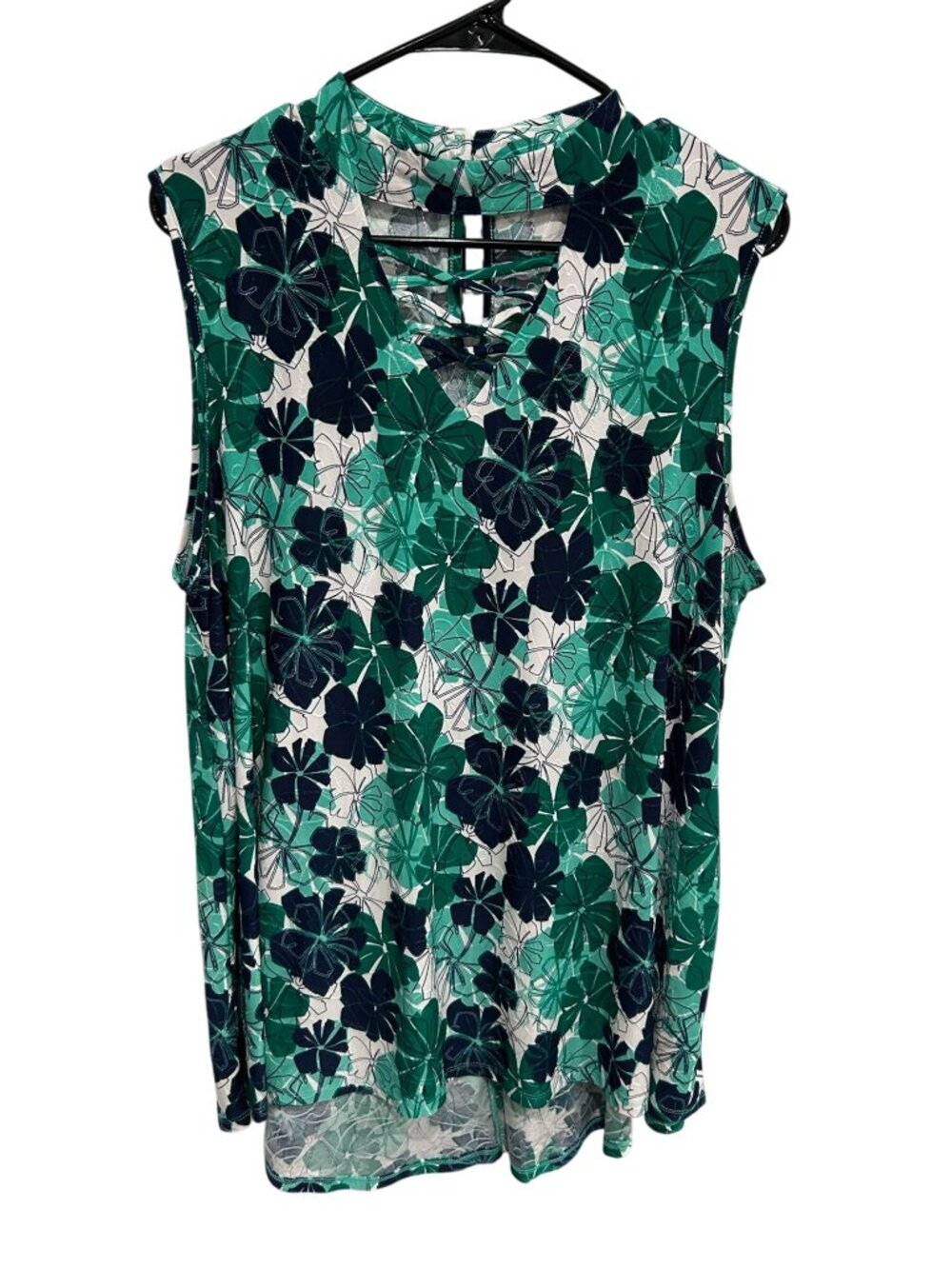 Vera Rose Green Floral Sleeveless Top Size L Back Keyhole Lace Up Floralcore